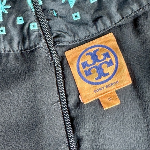 Tory Burch Lottie Turquoise Embroidered Yoke Black Silk Shift Mini Dress Size 12 - Picture 6 of 16